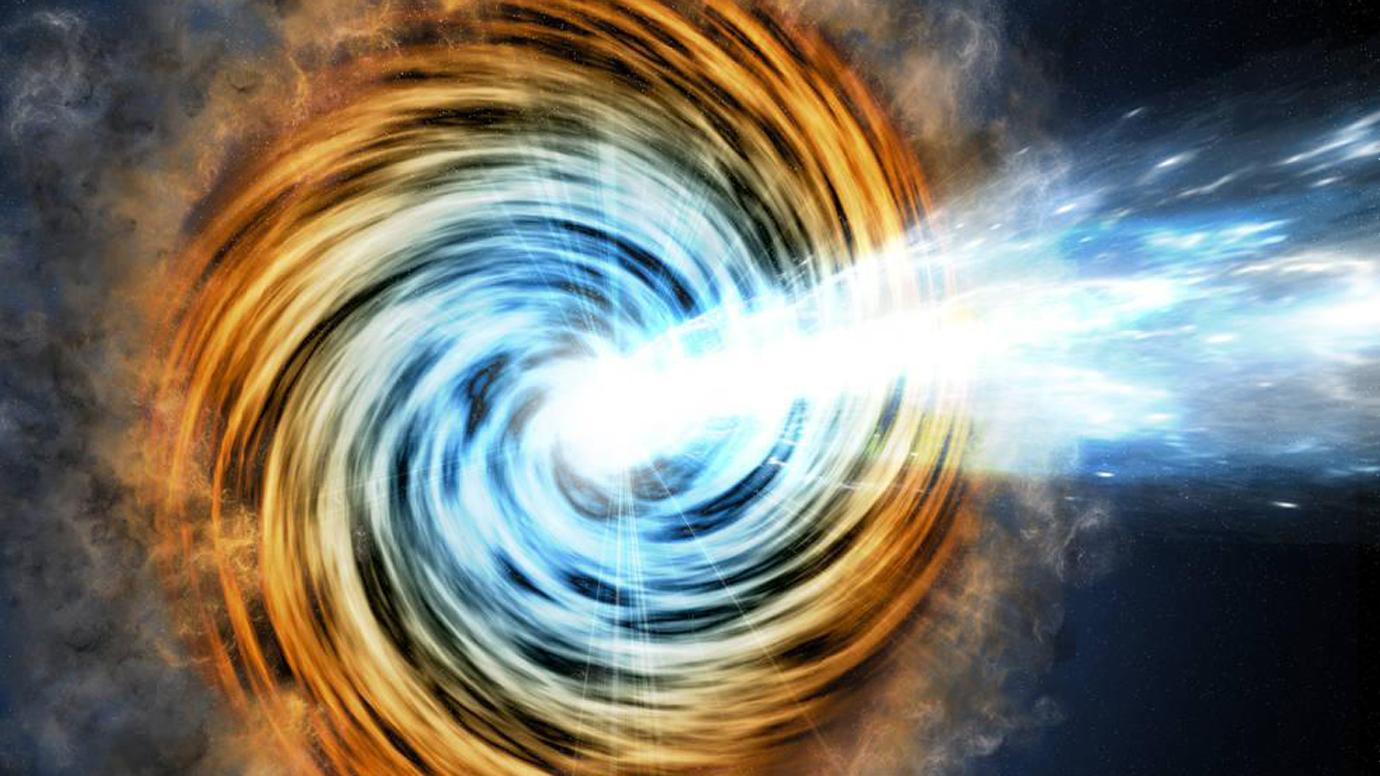 This artist's conception shows a blazar, the core of an active galaxy powered by a supermassive black hole. Scientists recently used VERITAS to detect gamma rays from the blazar TXS 0506+056, which is also thought to be a source of neutrinos.