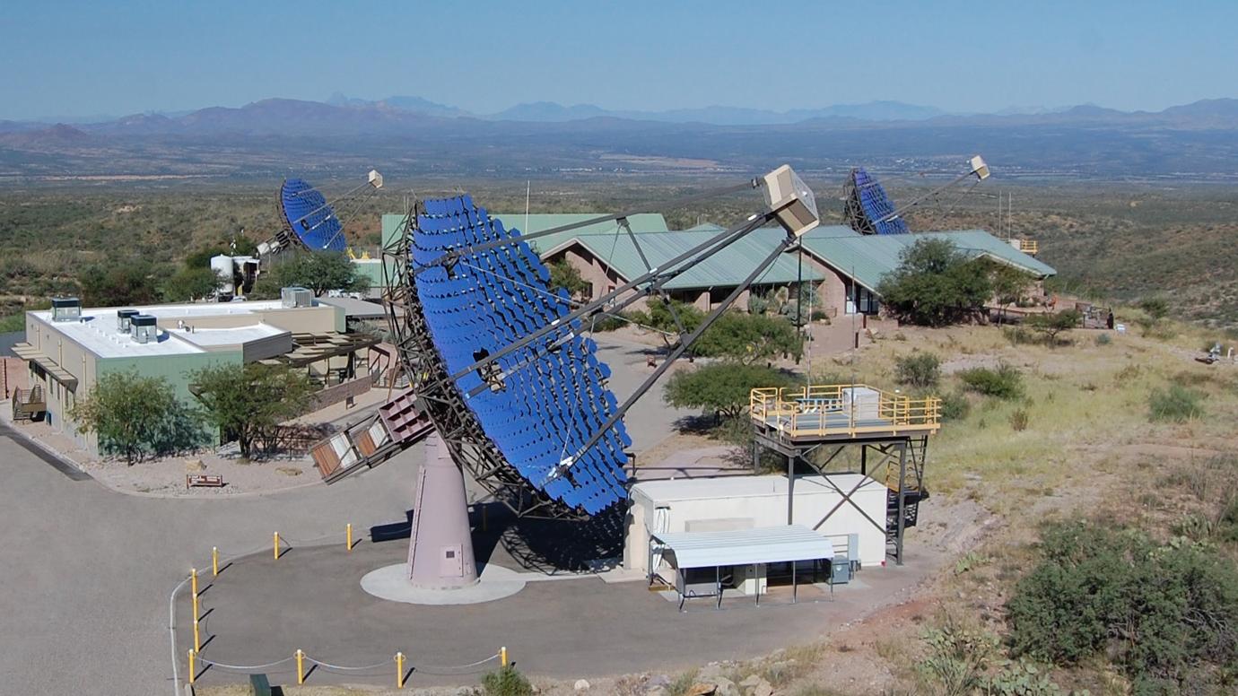 This photograph shows the 3 of the 4 telescopes of the Very Energetic Radiation Imaging Telescope Array System (VERITAS), located in southern Arizona.